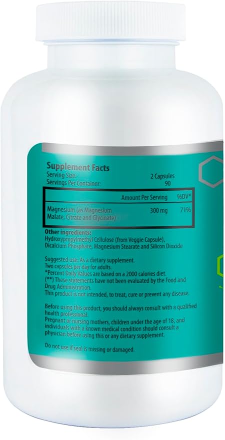 Magnesium Complex Supplement (Glycinate Citrate &amp Malate) – 180 Capsules (90 Day Supply) – 300mg Magnesium per Serving – Vegan