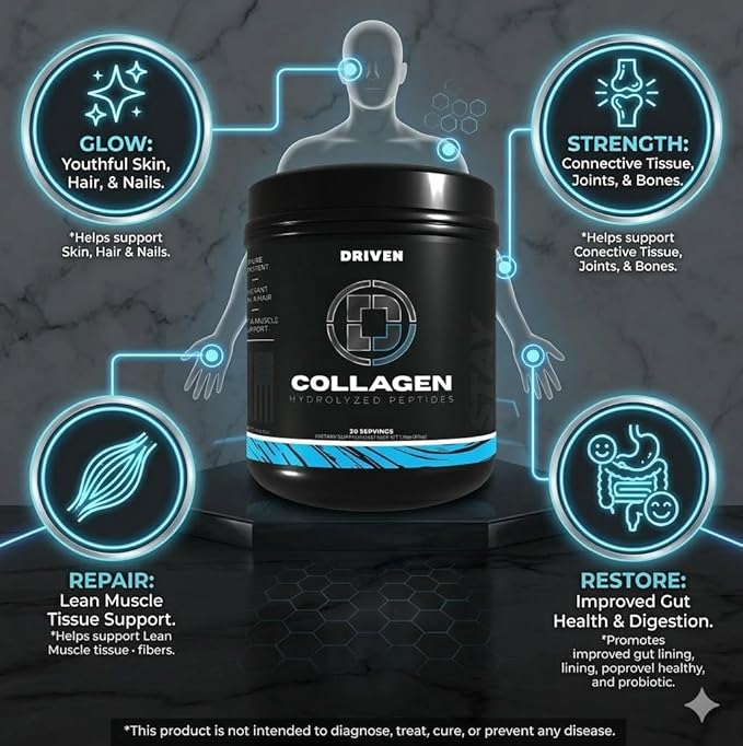 Driven Nutrition Collagen Peptides Powder Hydrolyzed Type I &amp III Grass-Fed Pasture-Raised Bovine Unflavored 510g (30 Servings) Hair Skin Nails Joint &amp Recovery Support for Women &amp Me