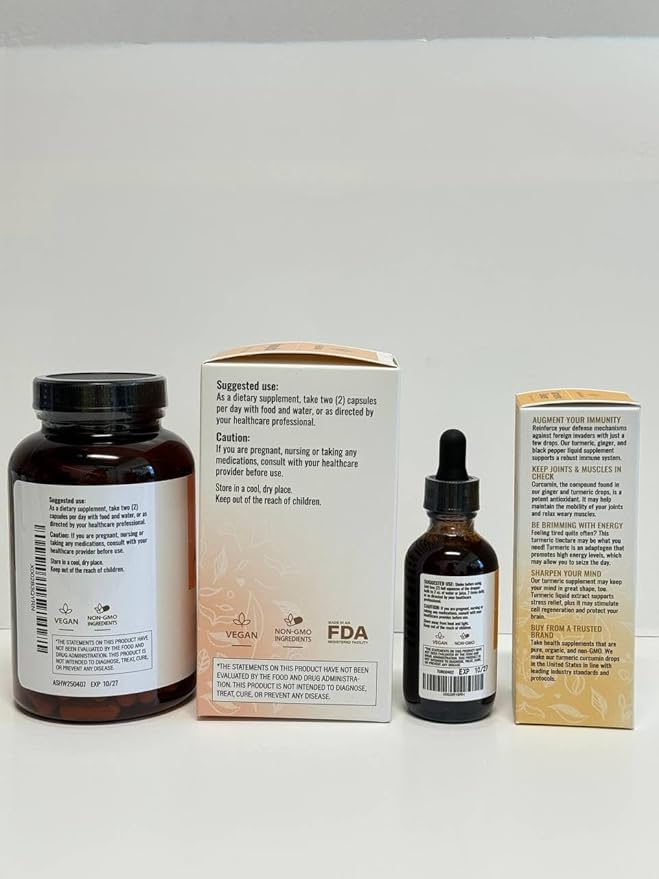 HERBAMAMA Ashwagandha and Turmeric Ginger Kit - Bundle of 1500 mg Ashwagandha Root Capsules &amp Turmeric Ginger Tincture 2 fl oz - Vegan Non-GMO Sugar &amp Alcohol-Free - 2 Pack