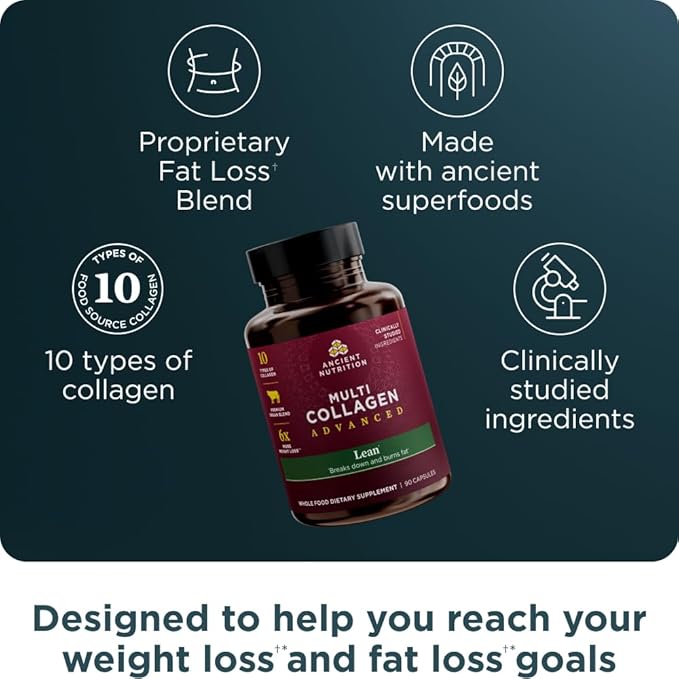 Ancient Nutrition Multi Collagen Advanced Lean with Probiotics Hydrolyzed Collagen Peptides Supports Healthy Weight Loss and Fat Loss 90 Count