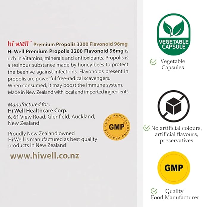 (Pack of 3) Hi Well Premium Propolis 3200 Flavonoid 96mg 250VegeCapsules