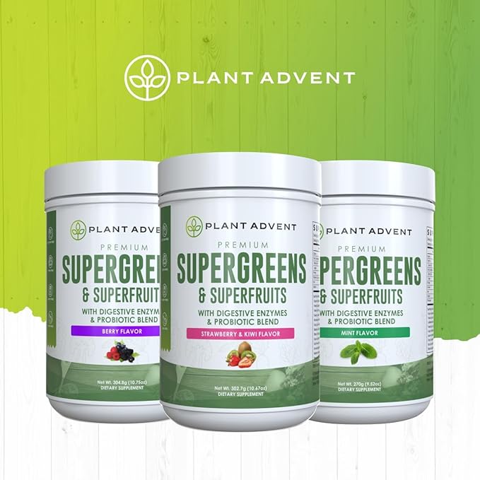 Premium Supergreens and Superfruits Powder with Digestive Enzymes and Probiotics (Strawberry &amp Kiwi). Manufactured by NutriDyn.