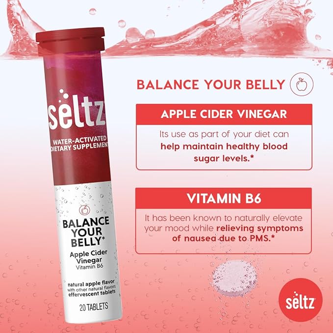 Seltz® Balance Your Belly – Effervescent Vitamins with Apple Cider Vinegar (1000 mg) &amp Vitamin B6 for Digestive Health Blood Sugar &amp Mood Support – Apple Flavor 20 Tablets (Pack of 6)