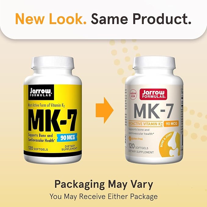 Jarrow Formulas MK-7 90 mcg - Bioactive Form of Vitamin K2-120 Servings (Softgels) - for Bone &amp Cardiovascular Health - Vitamin K2 MK-7 Dietary Supplement - Gluten Free (Pack of 2)