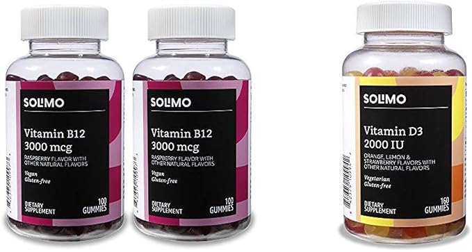 Amazon Basics Vitamin B12 3000 mcg Gummies (2 Packs of 100) 2 per Serving and Amazon Basics Vitamin D3 2000 IU Gummies Orange Lemon &amp Strawberry 160 Count (2 per Serving) (Previously Solimo)