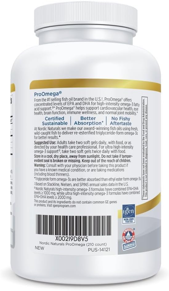 Nordic Naturals ProOmega Lemon Flavor - 210 Soft Gels - 1000 mg Omega-3 - High-Potency Fish Oil with EPA &amp DHA - Promotes Brain Eye Heart &amp Immune Health - Non-GMO - 105 Servings (Pack of