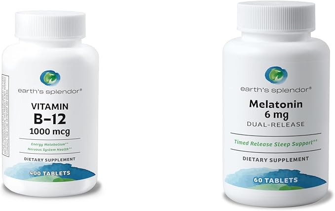 Earth's Splendor Wellness Bundle – Vitamin B12 Energy Support (1000mcg 400 Tablets) &amp Melatonin 6mg Sleep Aid (60 Bilayer Tablets) – Gluten-Free No Artificial Colors or Flavors