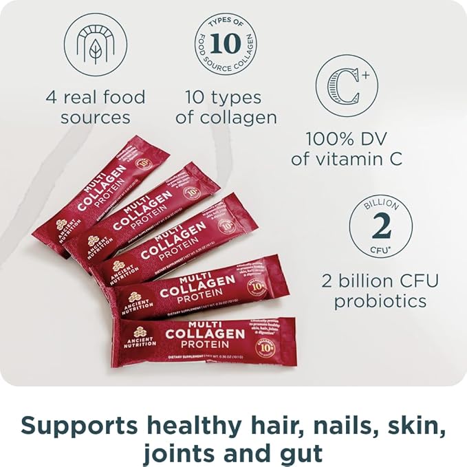 Ancient Nutrition Collagen Peptides Powder Multi Collagen Protein Women &amp Men Vitamin C Probiotics Hydrolyzed Collagen Supports Skin Joints Gut Health Unflavored 40 Stick Packs