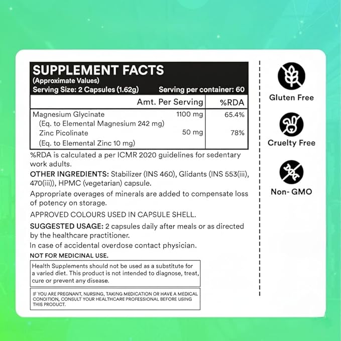 Magnesium Glycinate 1100mg (Elemental Magnesium 242mg) with Zinc 10mg (as Zinc Picolinate) Per Serving - 120 Capsules (Pack of 1)
