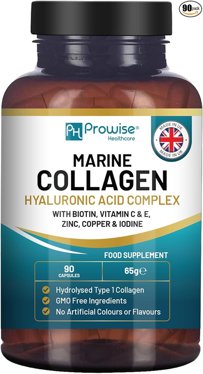 Marine Collagen with Hyaluronic Acid 1100mg - 90 Capsules Boosted with Hyaluronic Acid Vitamins C E B2 Biotin Copper Zinc and Iodine | for Women and Men | Made in The UK by Prowise Healthcare