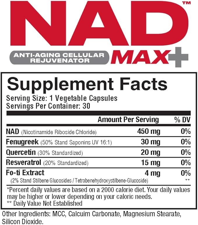 Metabolic Nutrition NAD MAX Plus+ 450mg of NAD + Fenugreek Quercetin Resveratrol and Fo-ti Extract for Anti-Aging Cellular Rejuvination Also Supports Cellular Energy30 Vegetable Capsules