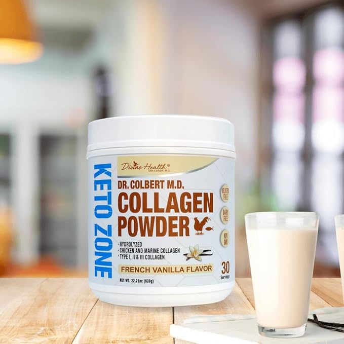 Dr. Colbert MD Hydrolyzed Collagen Powder | Vanilla Flavor | by Divine Health | Type I II III Chicken &amp Marine Collagen | Keto Zone | Support Hair Skin Nails &amp Joints | 630g | 30 Servings