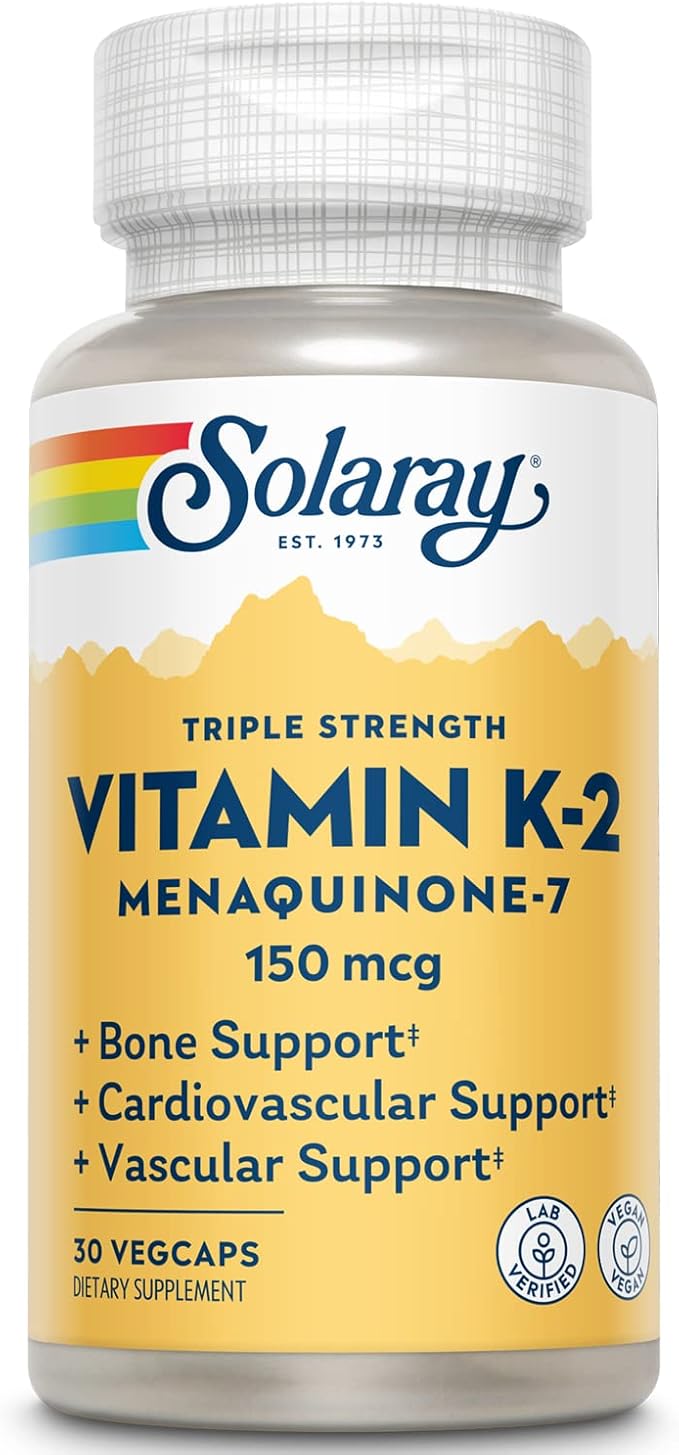 Solaray Triple Strength Vitamin K-2 as MK-7 150 mcg - Vitamin K2 MK7 Supplement for Bone Health Support Pure Vit K2 as Menaquinone for Women and Men - 30 Vegan Capsules