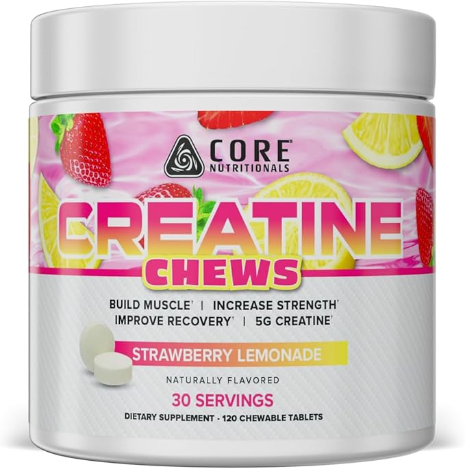 Core Nutritionals Creatine Chews | Creatine Monohydrate with Sea Salt | Muscle Strength Performance &amp Hydration Support | 30 Servings (Strawberry Lemonade)