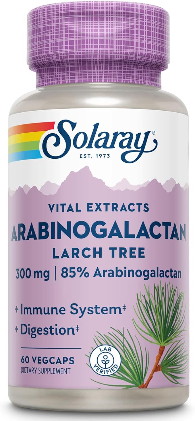 SOLARAY Arabinogalactan Larch Tree Extract 300mg | Prebiotic Fiber for Healthy Gut &amp Immune System Support | 60 VegCaps