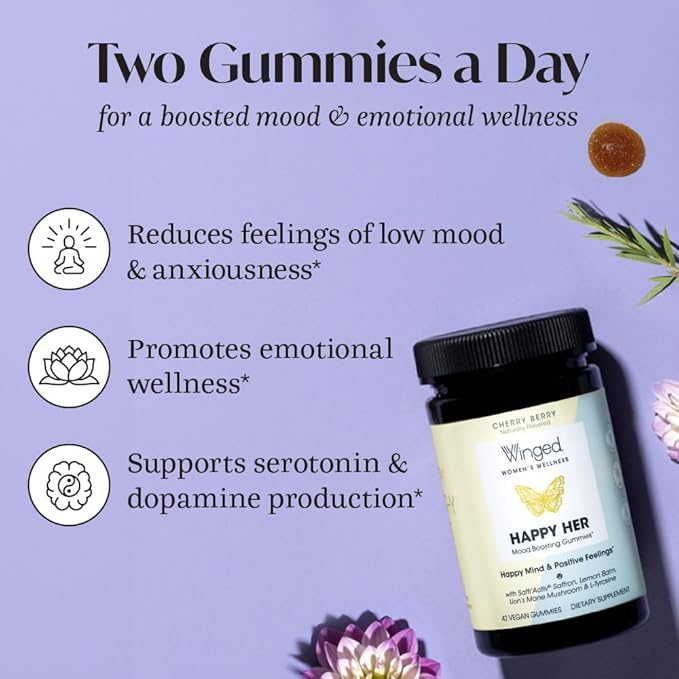 Winged Wellness Happy Her - Mood Support Gummies - Contains Saffr’ Activ Saffron Extract 5-HTP L-Tyrosine Lion's Mane Lemon Balm and Chaste Tree - Vegan Gummy Cherry Flavored - 3 Pack 126 Count