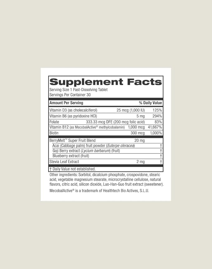 Berry B12 Energy Melt Natural Energy Boost Supplement Keto Friendly 1 Melt Daily