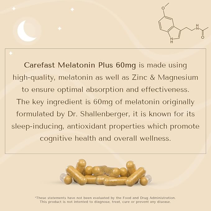 60mg Melatonin Plus Extra Strength High Dose Sleep Supplement 90 Capsules - Veggie Capsules - Fast Acting Formulated by Dr Shallenberger with Zinc &amp Magnesium for Maximum Quick Absorption