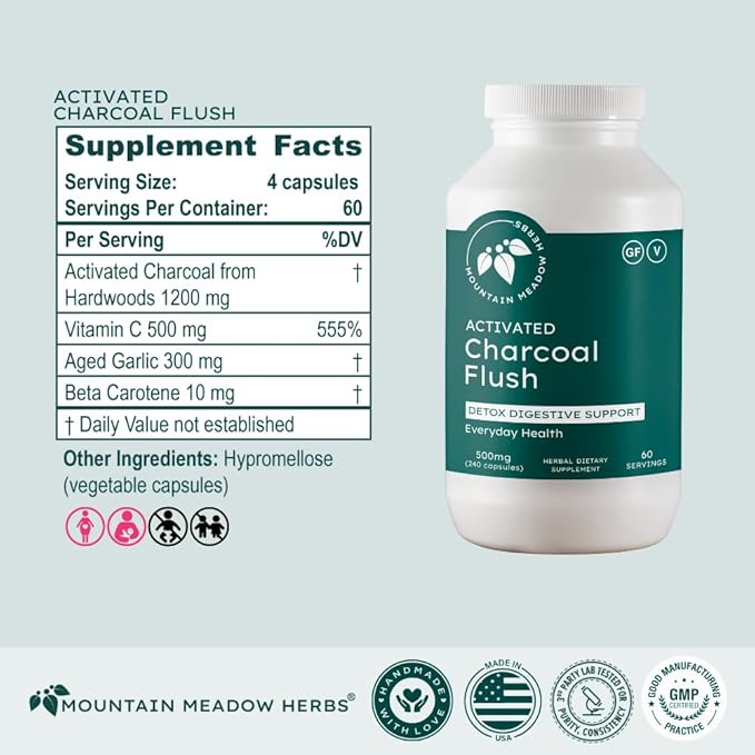 Mountain Meadow Herbs Activated Charcoal Flush – Natural Detox Cleanse Supplement for Digestion Gas Relief and Bloating Support – Activated Charcoal Capsules for Internal Cleansing 240ct