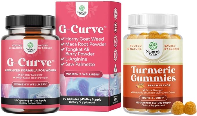 Bundle of G-Curve Butt and Breast Growth Capsules - Horny Goat Weed Muira Puama &amp Maca Root and Turmeric Gummies - Extra Strength Joint Support with Turmeric Curcumin Black Pepper Extract &amp G