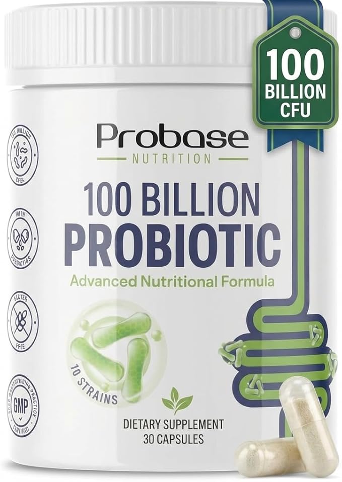 Probase Nutrition Probiotic 100 Billion CFU 10 Strains with Prebiotics 30 Veggie Capsules Gluten Free for Men and Women 30-Day Supply