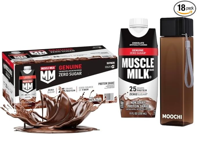 Muscle- Milk Chocolate Protein Shake Zero Sugar – 25g Protein Non-Dairy Ready-to-Drink 18 Pack – Get Free Premium Reusable Bottle Custom bundled by MOOCHI