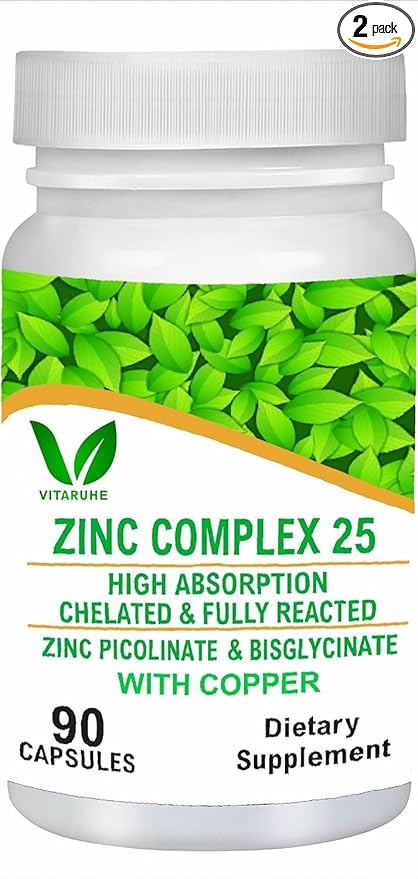 Viva Chelated Zinc (Pack of 2) Picolinate &amp Bisglycinate Complex with Copper Zinc for Immune Skin and Cellular Health High Absorption Non-GMO 180 Capsules (2)