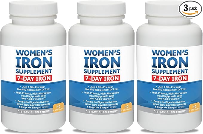 Women’s Iron Supplement Pills for Women Bis-Glycinate 80mg 7 Iron Pills for 30 Days’ Worth of No Stomach Binding Vegan Alkaline VIT C Iron Pill for Women 30 Capsules 3-Pack
