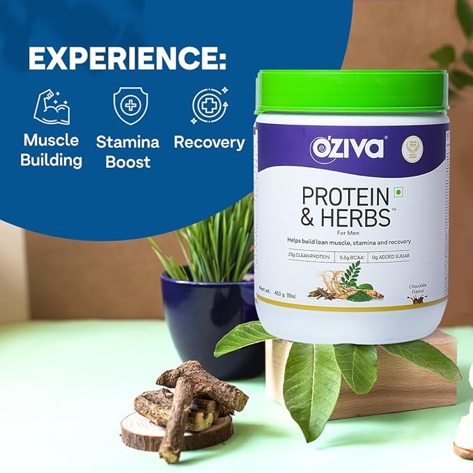 OZiva Protein &amp Herbs Men with MultivitaminsAshwagandhaBrahmiMaca Musli for Improved Stamina Lean Muscles &amp Recovery 1.1 lbs Cafe Mocha. Soy Free Gluten Free Non GMO