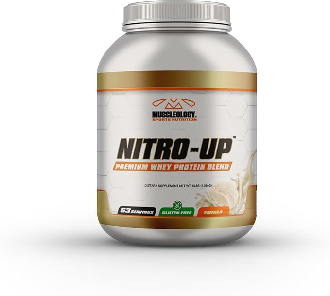 MUSCLEOLOGY Nitro-Up Whey Protein Blend Powder – Vanilla – 5lb | BCAAs EAAs &amp Digestive Enzymes