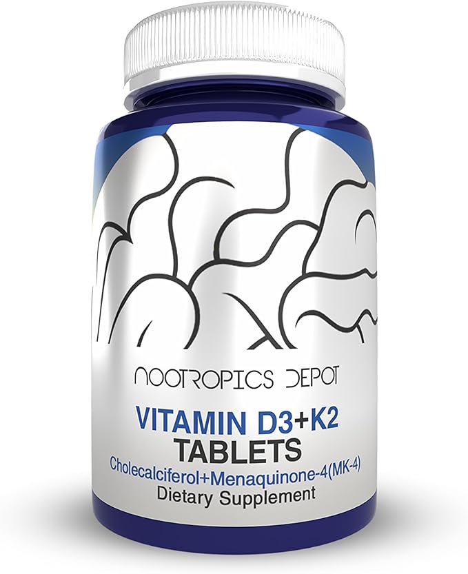 Nootropics Depot Vitamin D3 + K2 with Vitamin C Tablets | 365 Count | Cholecalciferol + Menaquinone-4 (MK-4) | Mood &amp Bone Health | Healthy Calcium Absorption
