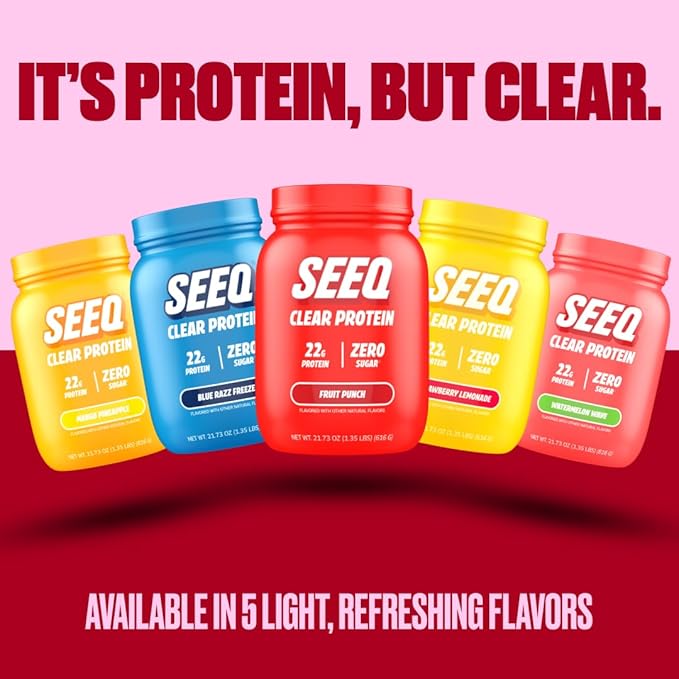 SEEQ Clear Whey Isolate Protein Powder Fruit Punch 22 Servings 22g Protein Per Serving Sugar-Free Keto-Friendly Soy-Free Clear Protein Powder Juice-Like Protein