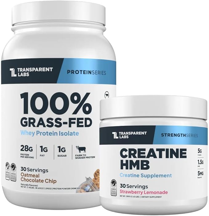 Transparent Labs Grass-Fed Whey Protein Isolate (30 Servings Oatmeal Chocolate Chip Cookie) &amp Creatine HMB (30 Servings Strawberry Lemonade)