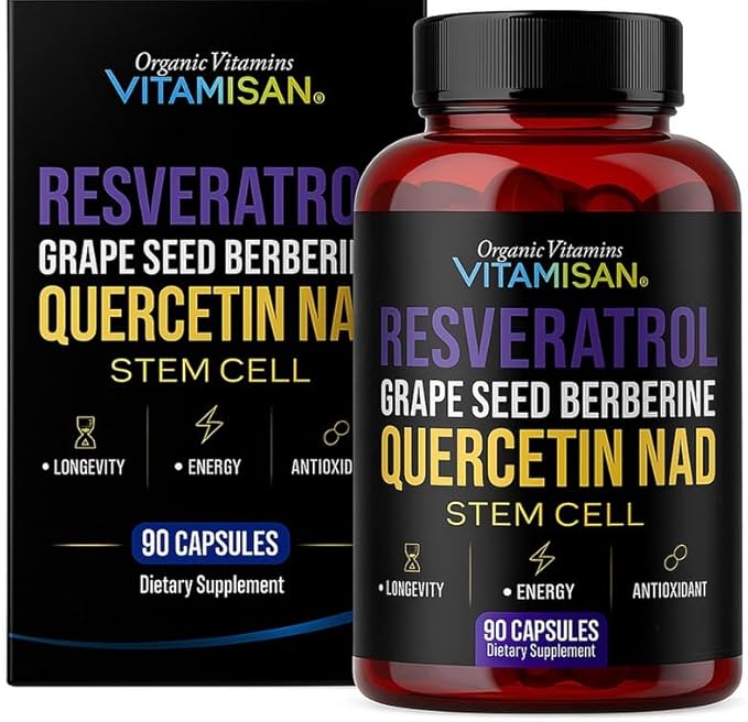 VITAMISAN Resveratrol NAD+ Quercetin Berberine &amp CoQ10 – Longevity &amp Antioxidant Support – 3 Bottles (270 Capsules) – Made in USA