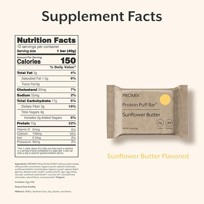 ProMix Nutrition Protein Puff Bars - Sunflower Butter - Marshmallow Crispy Treat - Great Tasting &amp Healthy On The Go Snack - High Protein &amp Low Calorie - Free From Gluten Soy &amp Corn - 12
