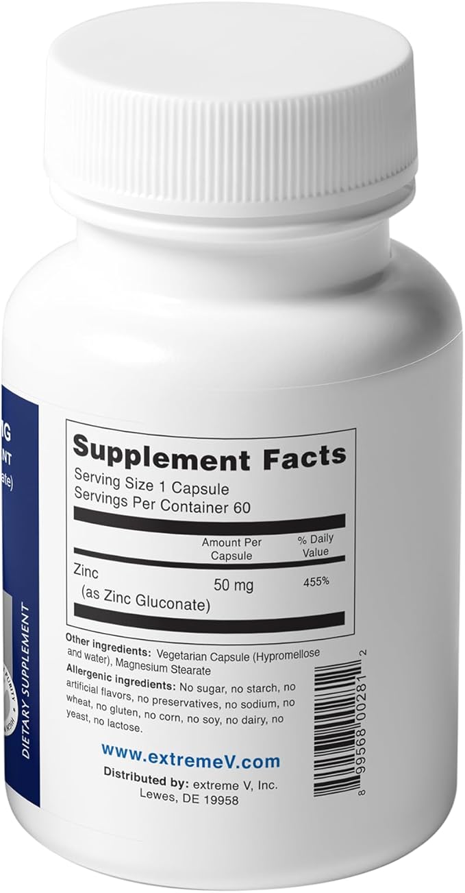 Zing MG50 OTC ZINC GLUCONATE 50mg (3 Bottles - 180 Vegetarian Capsules)