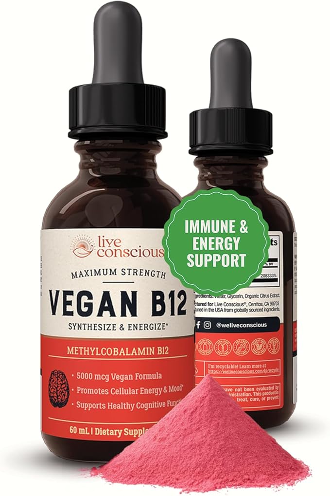Live Conscious Vegan Vitamin B12 Sublingual Liquid Drops | Methylcobalamin Max Strength B12 5000mcg Formula | Vegan B 12 Vitamin Support Energy | Promote Memory &amp Aid Immune System | 60 Serving