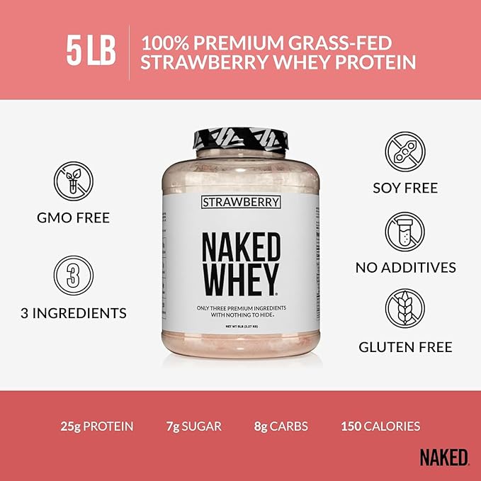 NAKED Strawberry Whey Protein Powder 5LB (61 Servings) + Collagen Peptides Protein Powder 20oz (60 Servings) – Grass-Fed Bulk Non-GMO Gluten Free Soy Free
