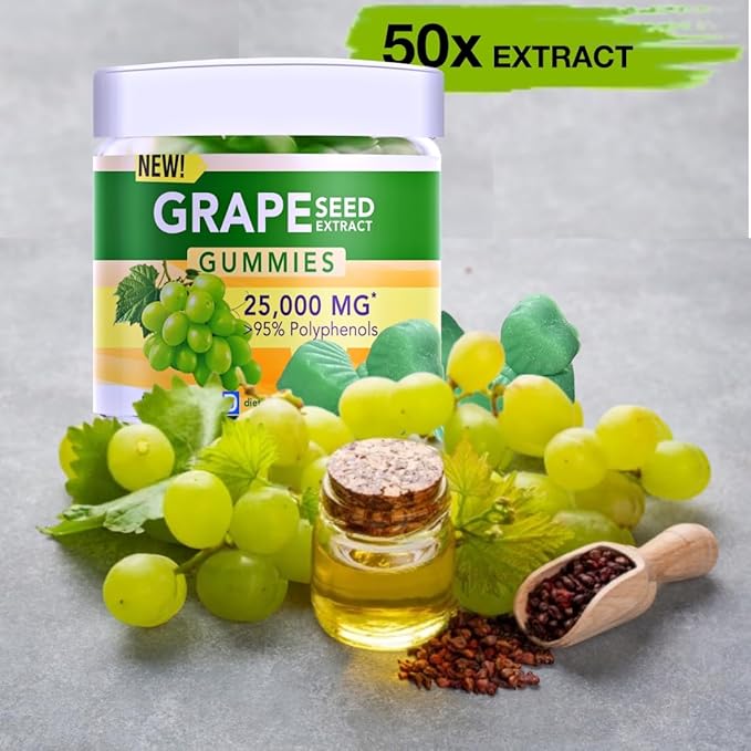 Grape Seed Extract Gummies | Grape Seed Oil 25000 mg 50x Original | &gt95% Polyphenols | #1 Grape Seed Gummies in USA | Sugar Free Vegan | Grape Flavor 60 ct