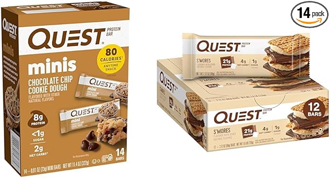 Quest Nutrition Mini Chocolate Chip Cookie Dough Protein Bars High Protein Low Carb Keto Friendly 14 Count &amp S'mores Protein Bar High Protein Low Carb Gluten Free Keto Friendly 12 Count