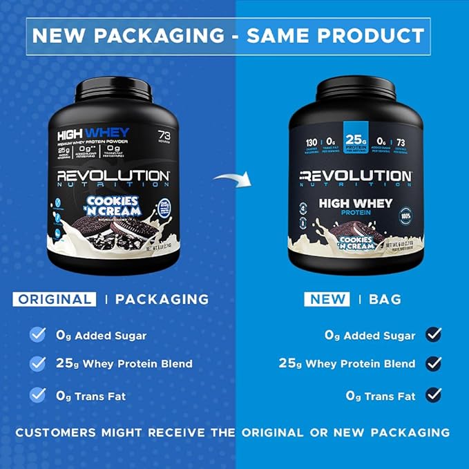 Revolution Nutrition High Whey Protein Powder 6LB Whey Isolate Gluten Free Lean Muscle Mass for Men &amp Women 25g of Protein Per Scoop 2.7kg 73 Servings (Cookies &amp Cream 6 Pound)