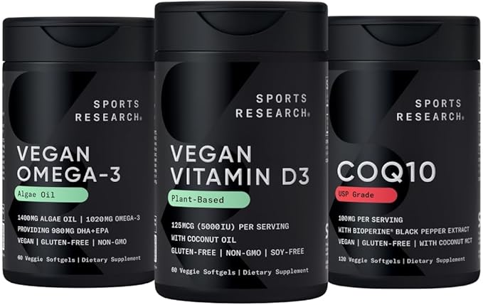 Sports Research® Vegan Supplements Pack - Vegan Vitamin D3 5000iu + Vegan Omega-3 Fish Oil Alternative + CoQ10 (100mg) w/Coconut Oil &amp Bioperine