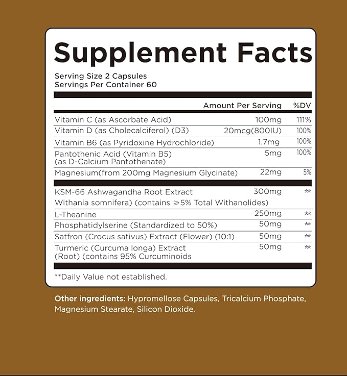 Cortisol Support Supplement 828mg 10-in-1 Formula with Ashwagandha L-Theanine Phosphatidylserine &amp Magnesium Daily Wellness &amp Relaxation Support 120 Capsules