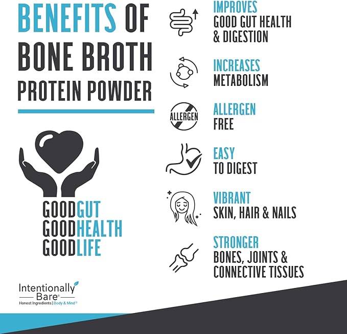 Intentionally Bare Bone Broth Protein Powder Vanilla - Grass Fed Protein Powder with Multi Collagen Peptides Type 1 2 and 3 - Dairy Free Bone Broth Powder for Skin Gut and Joint - 20 Servings