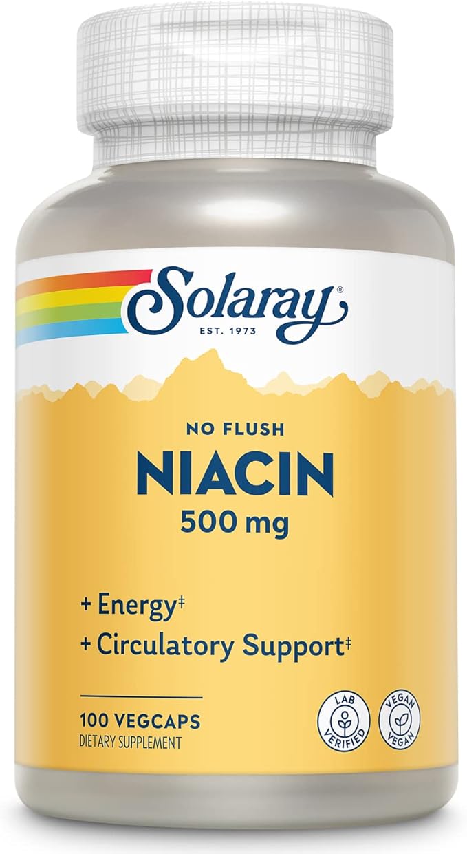 SOLARAY No Flush Niacin 500mg Flush-Free Vitamin B3 Niacin Energy and Circulatory System Support Vegan Lab Verified 60-Day Money-Back Guarantee 100 Servings 100 VegCaps