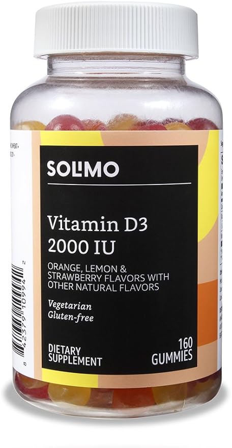 Amazon Basics Vitamin B12 3000 mcg Gummies (2 Packs of 100) 2 per Serving and Amazon Basics Vitamin D3 2000 IU Gummies Orange Lemon &amp Strawberry 160 Count (2 per Serving) (Previously Solimo)