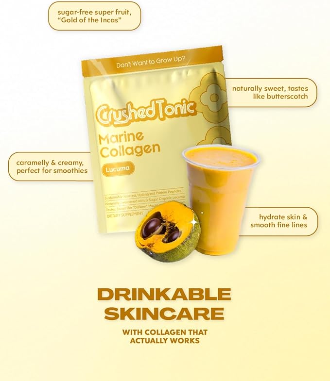 Crushed Tonic Marine Collagen Powder Korean Beauty Drink with Hydrolyzed Collagen Peptides for Skin Hair &amp Nails | Gluten-Free Halal &amp Kosher (Organic Lucuma 60 Servings (300 g) Pouch)