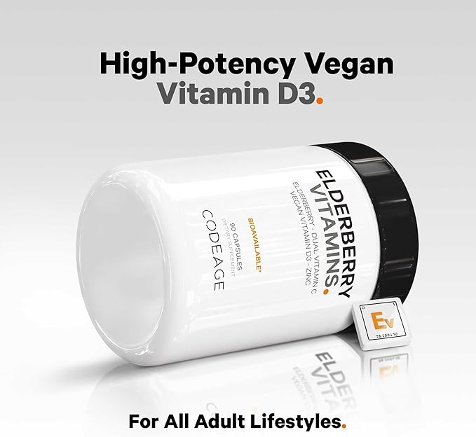 Codeage Elderberry Vitamins - Organic Fermented Elderberry Blend Vitamin C from Ascorbic Acid &amp Organic Acerola Cherries Vitamin D3 Zinc Sambucus Berries - 90 Capsules