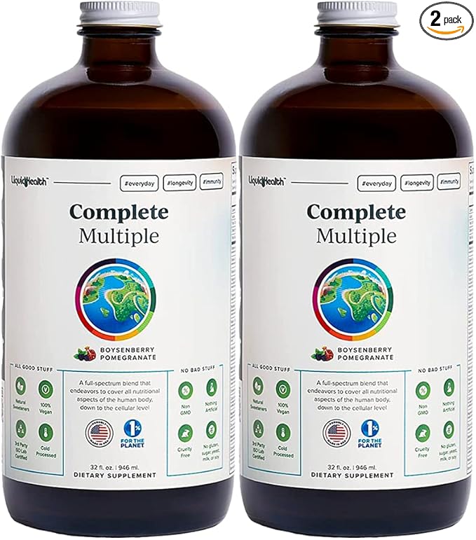 LIQUIDHEALTH Complete Multiple Adult Liquid Multivitamin - Essential Vitamins Minerals &amp Nutrients Immune Support Gut Health Energy Detox - Made in USA Vegan Non-GMO Sugar-Free (2 Pack)