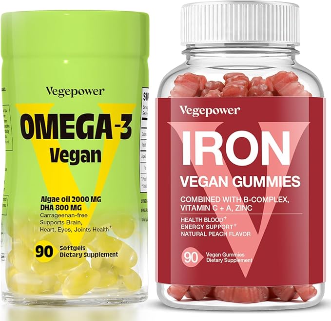 Vegan Iron Gummies + Vegan Algae Omega-3 DHA - Best Vitamin Supplement for Women &amp Men Non-GMO Gluten-Free